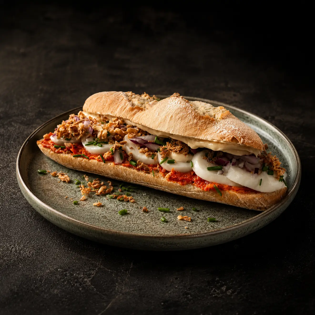 Vers belegd broodje met filet américain, mozzarella, rode ui en gebakken uitjes bij Café de Heeren aan de Koemarkt in Purmerend