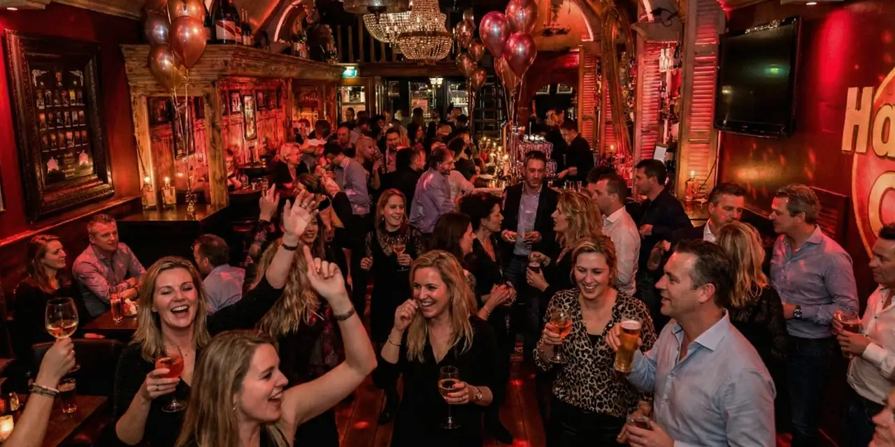Feestende gasten met ballonnen tijdens een verjaardag bij Café de Heeren in Purmerend
