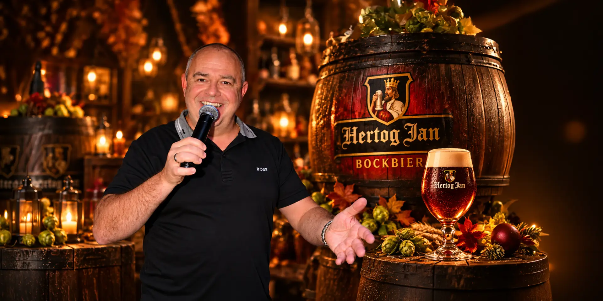 Presentator met microfoon naast een vat Hertog Jan Bockbier tijdens de zondagmiddagborrel bij Café de Heeren in Purmerend