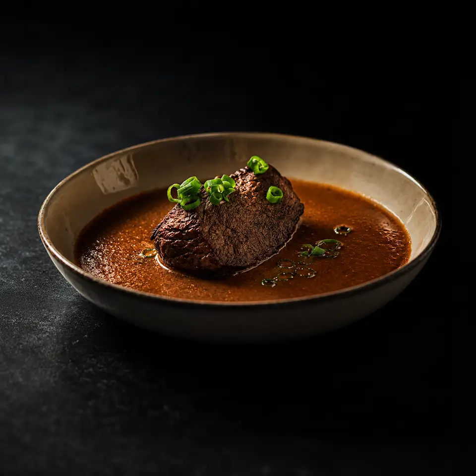 Biefstuk in de jus in een diep bord bij Café de Heeren aan de Koemarkt in Purmerend