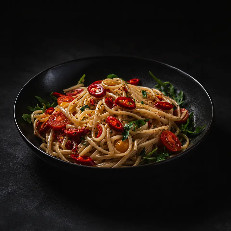 Spaghetti Aglio e Olio met chilipeper en rucola bij Café de Heeren in Purmerend
