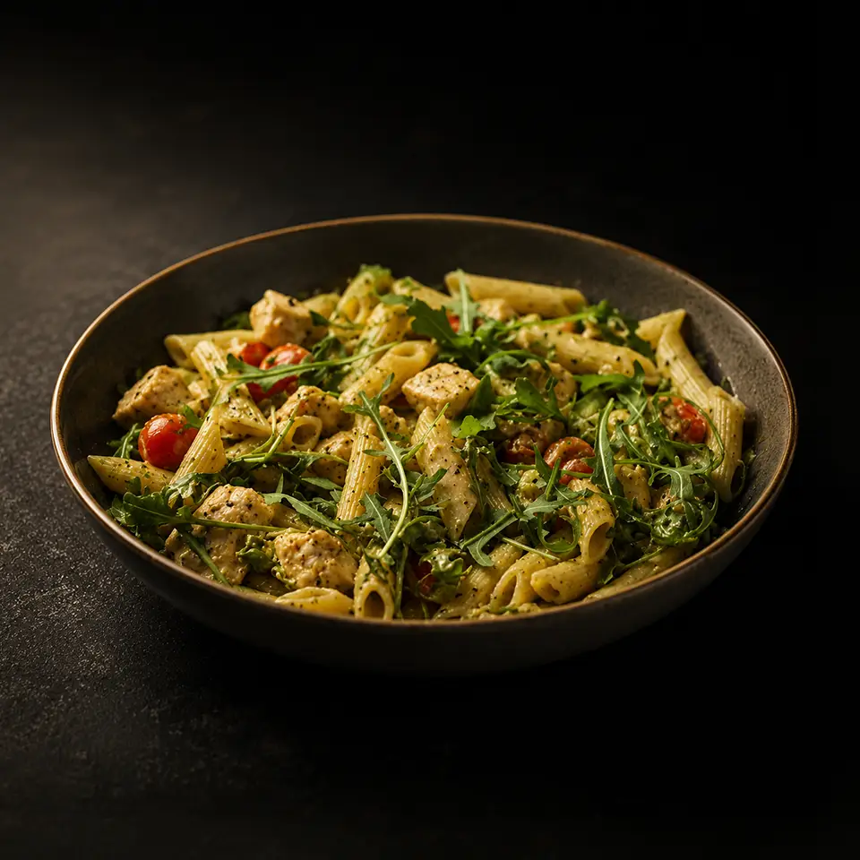 Pasta pesto met gegrilde kip en Parmezaanse kaas bij Café de Heeren in Purmerend