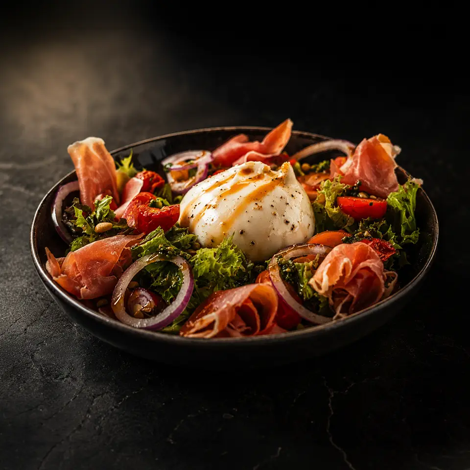 Burrata salade met serranoham en pesto bij Café de Heeren in Purmerend