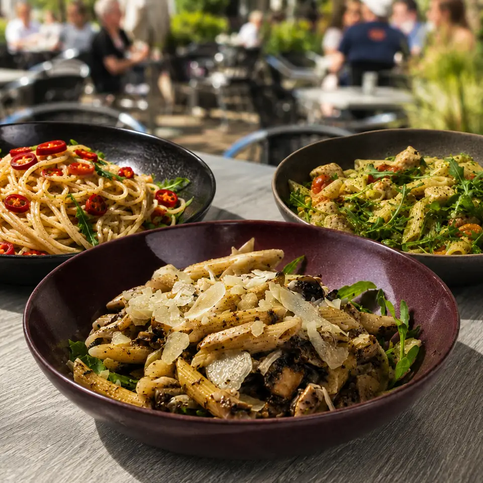 Verse huisgemaakte pasta's op het terras bij Café de Heeren in Purmerend