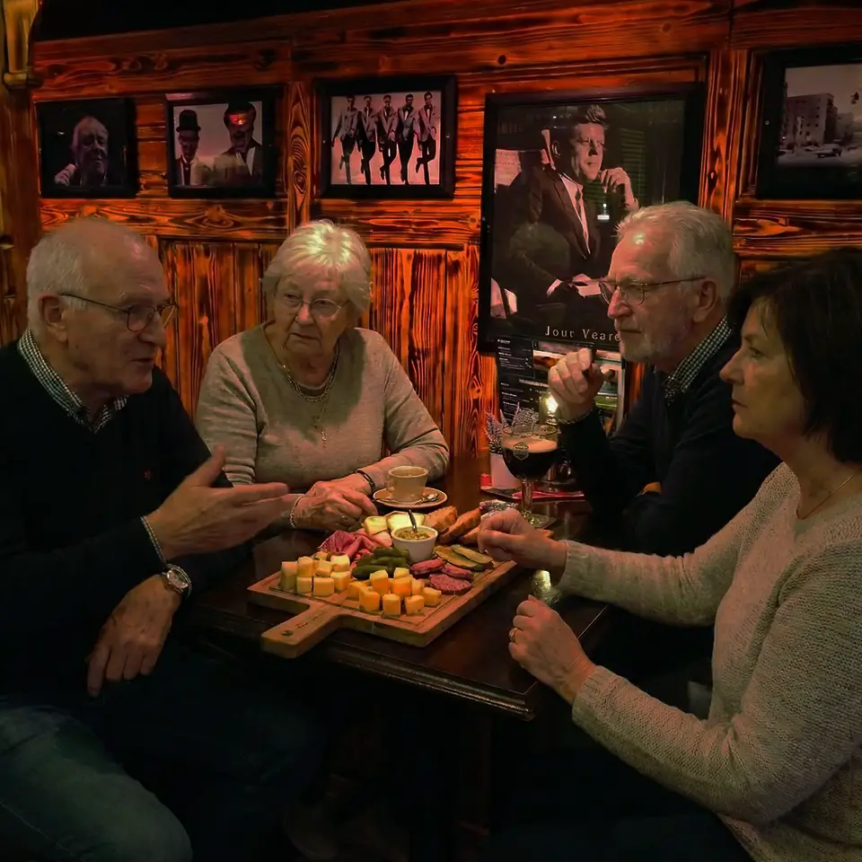 Gasten aan tafel met koffie en een borrelplank tijdens een samenkomst bij Café de Heeren in Purmerend
